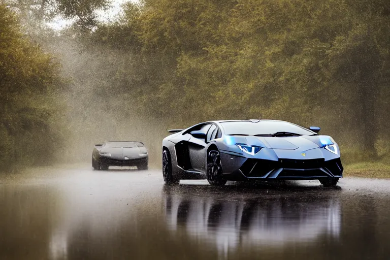 Image similar to a landscape photograph of a lamborghini aventador being chased by a pack of lions through a vast serene landscape on a rainy day, river, trees, beautiful lighting, by lee madgwick