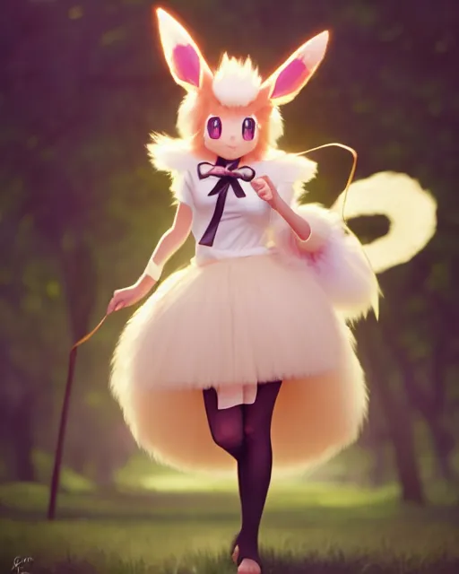 Prompt: photo of eevee pokemon humanisation, in nice fluffy skirt and ribbon, film still, dslr, by greg rutkowski, gil elvgren, enoch bolles, ross tran, artgerm, wlop, glossy skin, pearlescent, very coherent