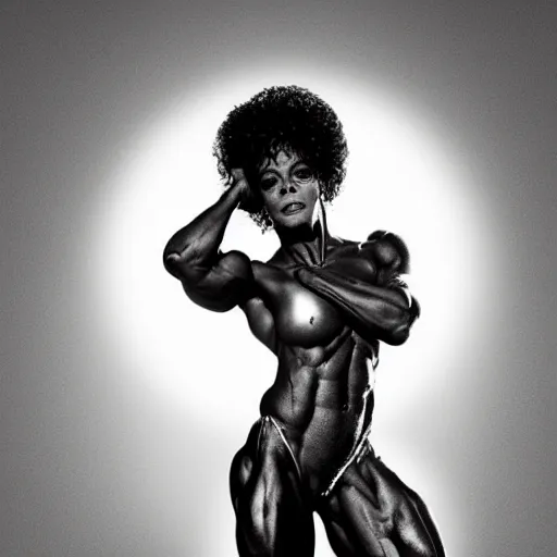 Prompt: Diana ross with the physique of a body builder, hyper realistic ,ultra detailed, cinematic, dynamic lighting, photorealistic, refined, intricate, digital art, masterpiece, 8k