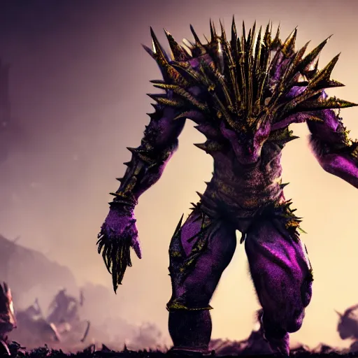 Image similar to ugly monster, spikes on the body, skin spikes, purple skin, skinny, gold armor, battleground background, battlefield, concept art, artstation, award winning, high detailed, 4k, 8k, hd textures, octane render, intricate details, volumetric lighting, realistic, hyperdetailed