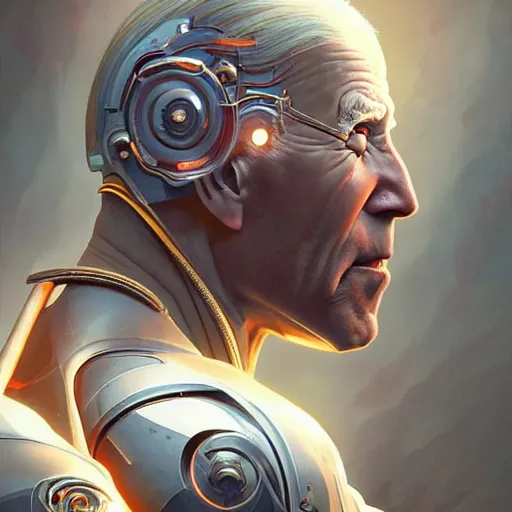 Image similar to cyborg Joe Biden from another dimension, cinematic lighting, intricate, elegant, highly detailed, digital painting, artstation, sharp focus, illustration, art by artgerm and greg rutkowski and alphonse mucha and Wayne Barlowe and william-adolphe bouguereau