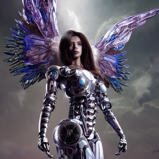 Image similar to UHD photorealistic studio portrait of a cyborg Angel with hyperrealistic Angel wings, futuristic robot angel, extremely detailed, 8k, cinematic lighting, in the style of Amano and Ayami Kojima and Karol Bak, art by Mark Brooks with vivid colors and crisp details