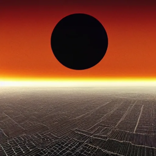 Image similar to an endless city. birds # # a red sun solar eclipse on the horizon., it goes in forever, dreamscape masterpiece., highly detailed.. 8 k.