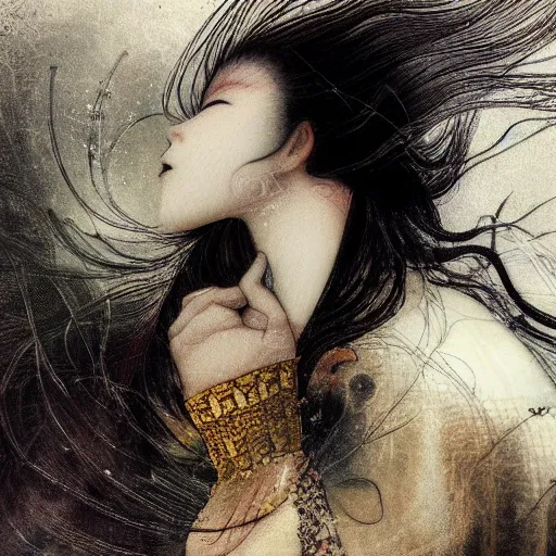 Image similar to yoshitaka amano blurred and dreamy realistic illustration of a japanese woman with black eyes, wavy white hair fluttering in the wind wearing elden ring armor with engraving, abstract patterns in the background, satoshi kon anime, noisy film grain effect, highly detailed, renaissance oil painting, weird portrait angle, blurred lost edges, three quarter view