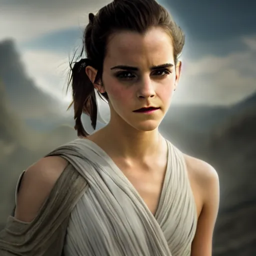 Prompt: Emma Watson modeling as Rey in Star Wars, (EOS 5DS R, ISO100, f/8, 1/125, 84mm, postprocessed, crisp face, photoshopped, facial features)