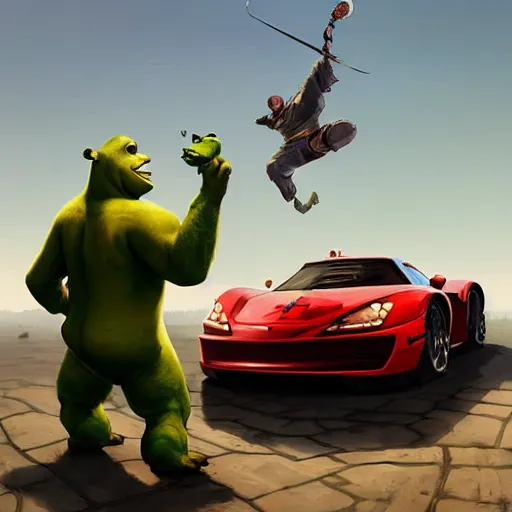 Image similar to zin din zidane plays gta with shrek on vr as trevor philips riding a super car, highly detailed, digital painting, artstation, concept art, sharp focus, illustration, art by greg rutkowski and alphonse mucha