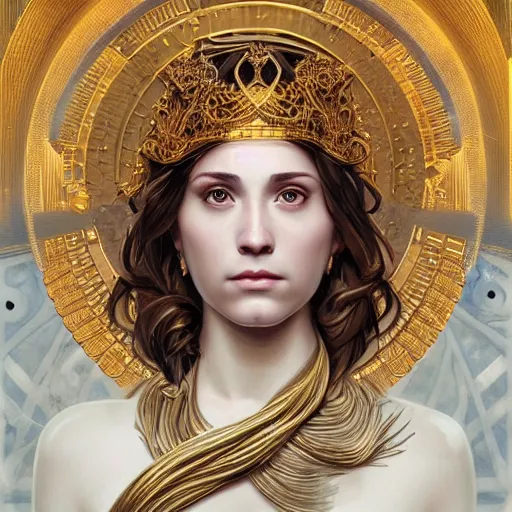 Image similar to portrait of Ex Machina as a greek goddess, marble statue, greek mythology, gold crown and filaments, intricate, headshot, highly detailed, digital painting, artstation, concept art, sharp focus, cinematic lighting, illustration, art by artgerm and greg rutkowski, alphonse mucha, cgsociety