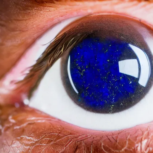 Image similar to medium - shot museum photo of ca 2 5 0 0 statue eye thick lapis lazuli beveled to hold the white limestone which forms the eye's sclera which is drilled to receive the black stone pupil, studio lighting, professional, promo,