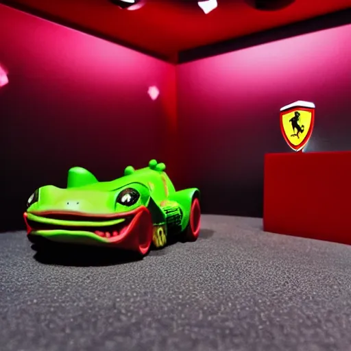 Image similar to diorama model + pepe the frog + ferrari, club lighting, low contrast, single building, arsitektur nusantara, dynamic lighting, 1 0 0 0 0 mm,, depth detailed.