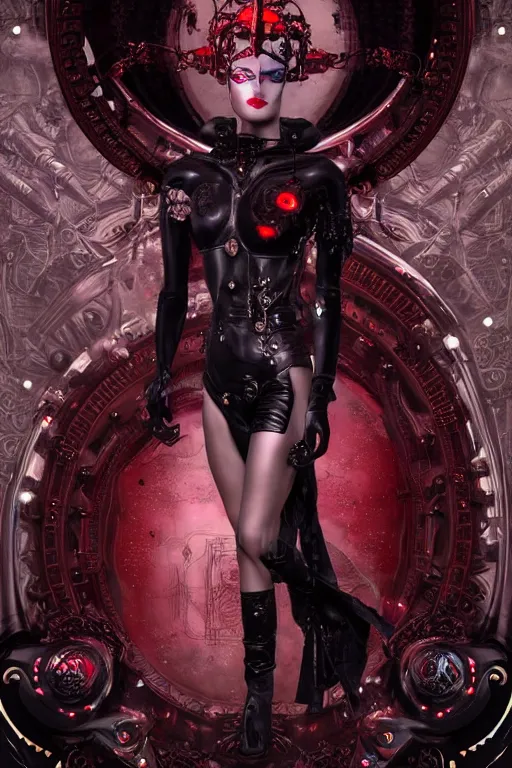 Image similar to full-body cyberpunk style sculpture of a young beautiful dark priestess, half android with a head opening exposing circuitry, glowing red eyes, black roses, flowing blood-red colored silk, fabric, candles. baroque elements, human skull. full-length view. baroque element. intricate artwork by caravaggio. crows flying in background. Trending on artstation, octane render, cinematic lighting from the right, hyper realism, octane render, 8k, depth of field, 3D