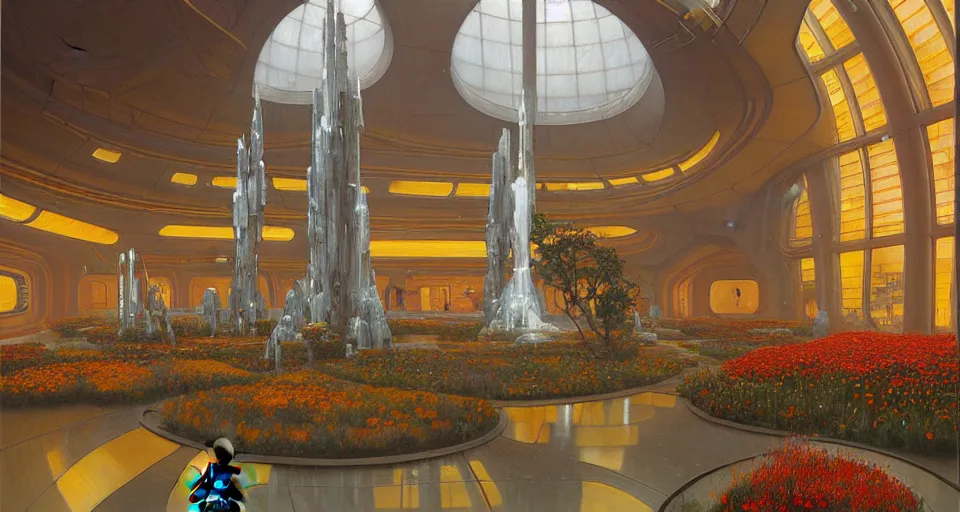 Image similar to a minimalist oil painting by donato giancola and james gurney, warm coloured, cinematic scifi luxurious futuristic foggy steam filled megalithic garden circular shopping mall interior with microscopy minimalist giant windows flowers growing out of pretty bulbous ceramic fountains, gigantic pillars and flowers, maschinen krieger, beeple, star trek, star wars