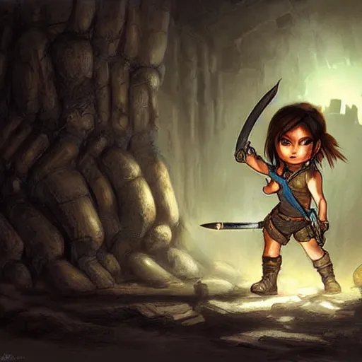 Image similar to concept art of chibi Lara Croft exploring a dark dungeon, Justin Gerard