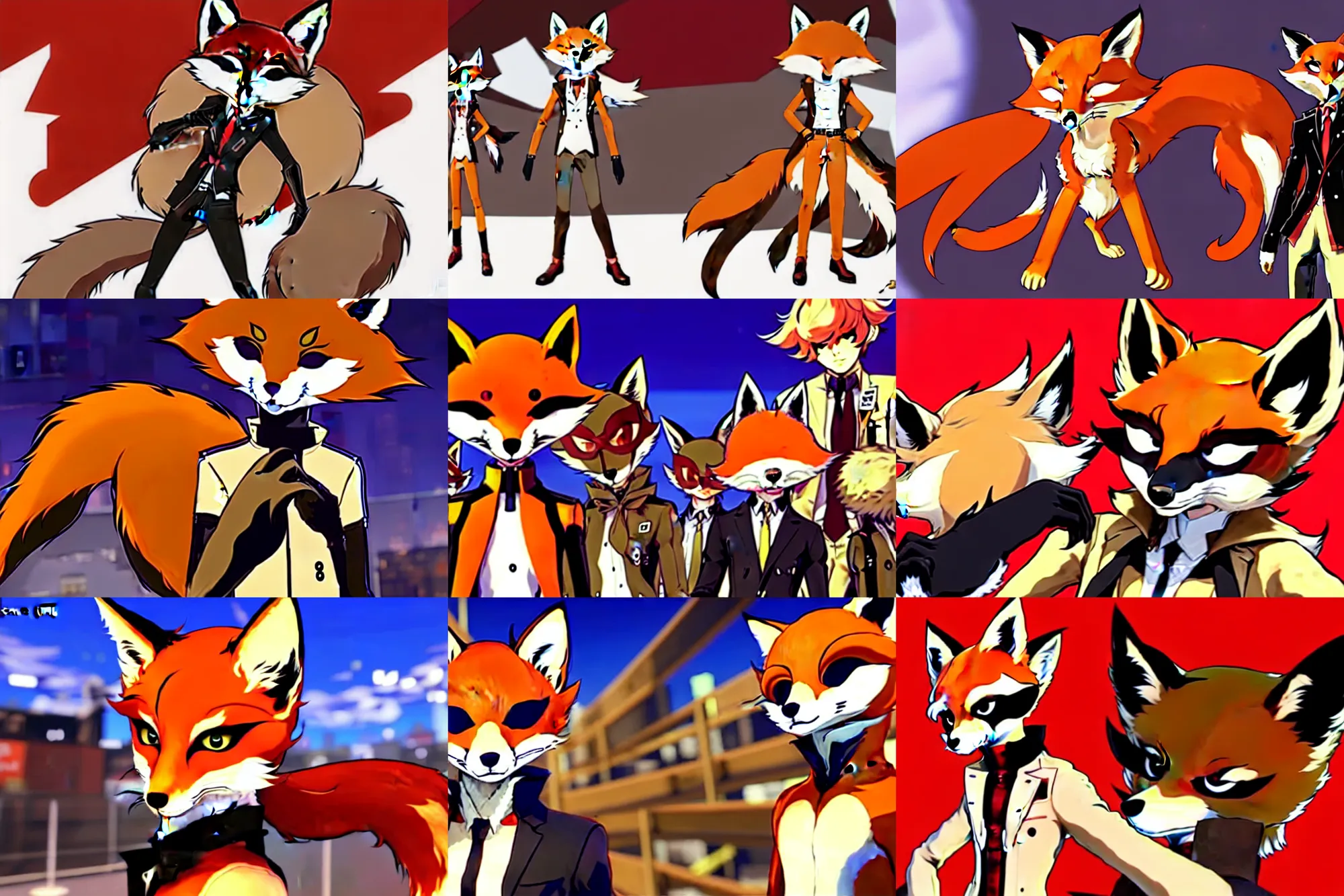 Image similar to a furry tan male fox on a persona 5 : royal ( by atlus ) video game splash screen, a furry male sandy sand - colored beige tan fur fox fursona ( has light brown hair ), persona 5 phantom thief style