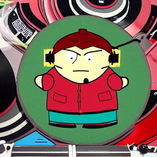 Prompt: svg sticker of a Dancing-Eric-Cartman-Southpark, at a rave, spinning records, giant headphones rocking out, wearing headphones, huge speakers, dancing, rave, DJ, spinning records, digital art, amazing composition, rule-of-thirds, award-winning, trending on artstation, featured on deviantart