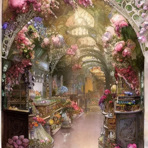 Image similar to a beautifull intricate watercolour painting of a victorian confectionery room with many flowers and, reflexions, verry high details by william turner art, greg rutkowski and alphonse mucha, trending on artstation, very very detailed, masterpiece,