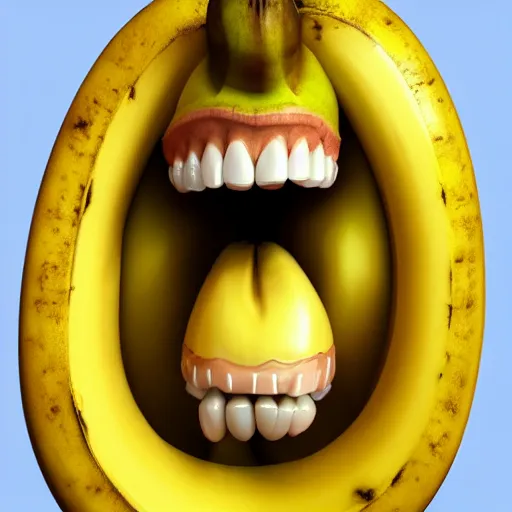 Prompt: a banana with human teeth and eyes, visible skin pores, the banana is sweating, highly detailed, highly realistic, uncanny.