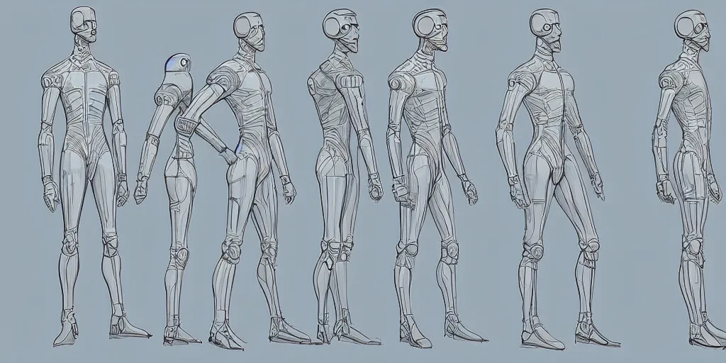 Image similar to male, elongated figure, space suit, large shoulders, short torso, long thin legs, cartoon proportions, tiny feet, character sheet, digital sketch, very stylized, concept design, by jean giraud