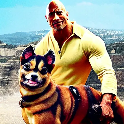 Prompt: photo of dwayne johnson riding a giant chihuaha, highly - detailed, sharp focus, award - winning