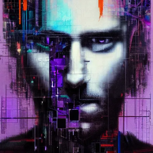 Image similar to hyperrealistic portrait of a cyberpunk character, adult man, long hair, by Guy Denning, Johannes Itten, Derek Gores, Russ Mills, glitch art, fine detail, polished, computation, complex, hacking effects, holographic, digital tech effects, blue and violet, color blocking!, realistic, acrylic on canvas, concept art, abstract!, symmetrical, 8k, concept art, octane, photorealistic, cgsociety, trending on artstation