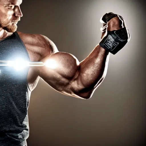 Image similar to man flexing metal arm bicep, bicep glowing iron, hot glowing iron