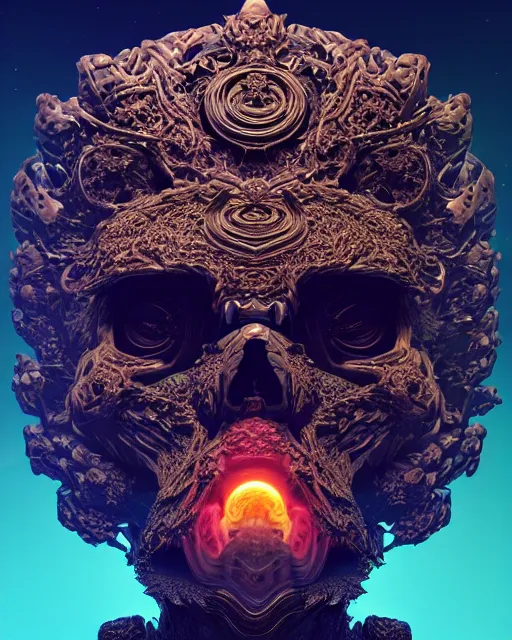 Image similar to 3 d ornate carved dark cosmic king with profile portrait, sigma 5 0 0 mm f / 5. beautiful intricate highly detailed quetzalcoatl skull. bioluminescent, plasma, lava, ice, water, wind, creature, thunderstorm! artwork by tooth wu and wlop and beeple and greg rutkowski, 8 k trending on artstation