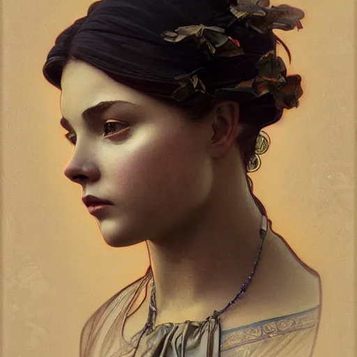 Image similar to beautiful lifelike award winning marble statue bust artistic chloe grace moretz trending on art station artgerm greg rutkowski alphonse mucha museum quality cinematic atmospheric