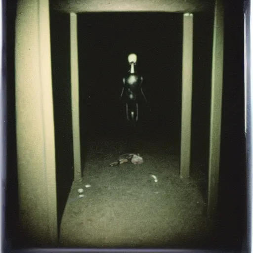 Image similar to a humanoid creature at the bottom of a dark stairwell, dark!, creepy, unsettling, uncanny valley!!!, old polaroid, expired film,