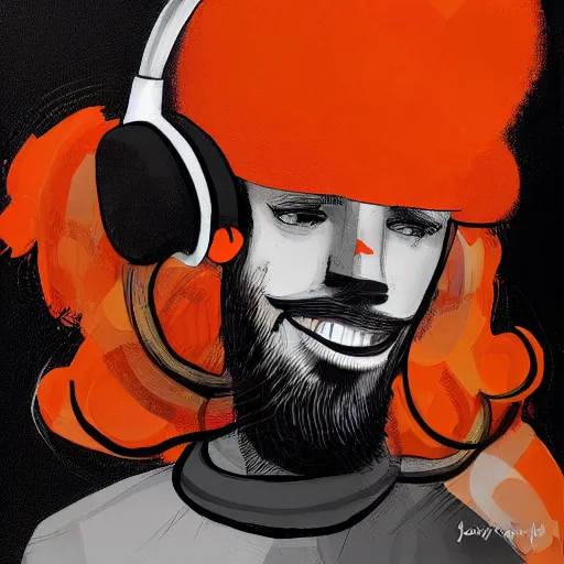 Prompt: streamer on twitch with black hat, stubble, ginger hair, orange hair, black cap, stubbles, red headphones, in the style of jeremiah ketner, art, abstract