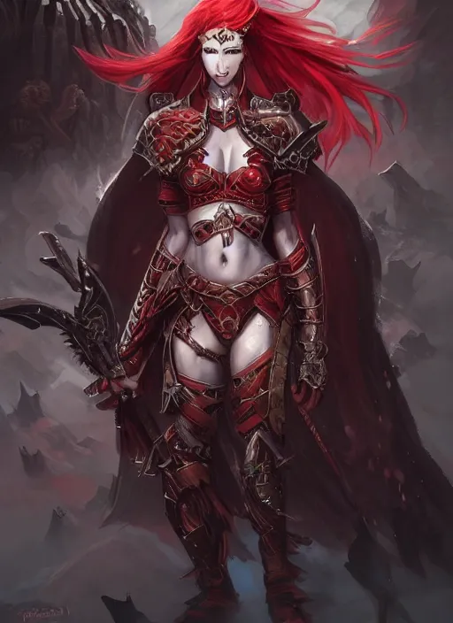 Image similar to beautiful warrior lady, red long hair, practical armor, shiny white skin, demonic eyes, low fantasy, extremely detailed, sharp focus, smooth, digital illustration, by rossdraws, frank franzzeta, sakimichan