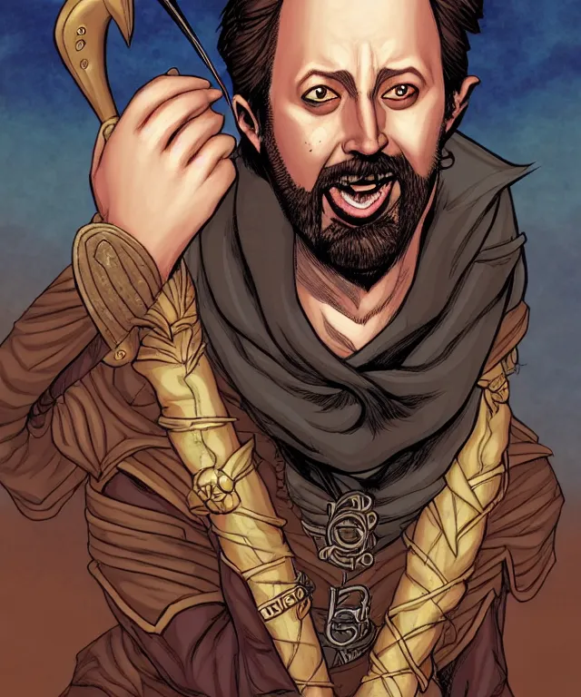 Image similar to a ( fantasy comic ) ( cover art ) portrait of a clueless bard who looks like ( tom green ), digital illustration by jenny frison and sana takeda and kentaro miura, fine inking lines, dnd, highly detailed!, hd, 4 k, trending on artstation