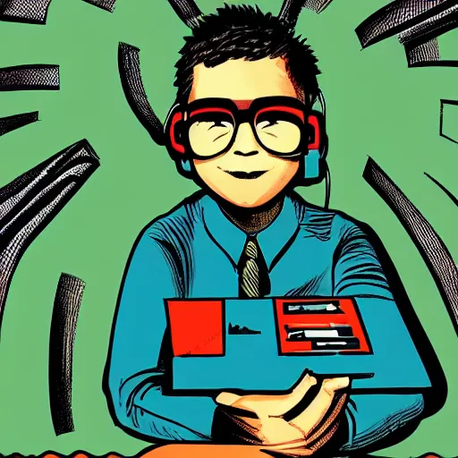 Image similar to illustration of a boy connected to his laptop with wires, highly detailed, by butcher billy