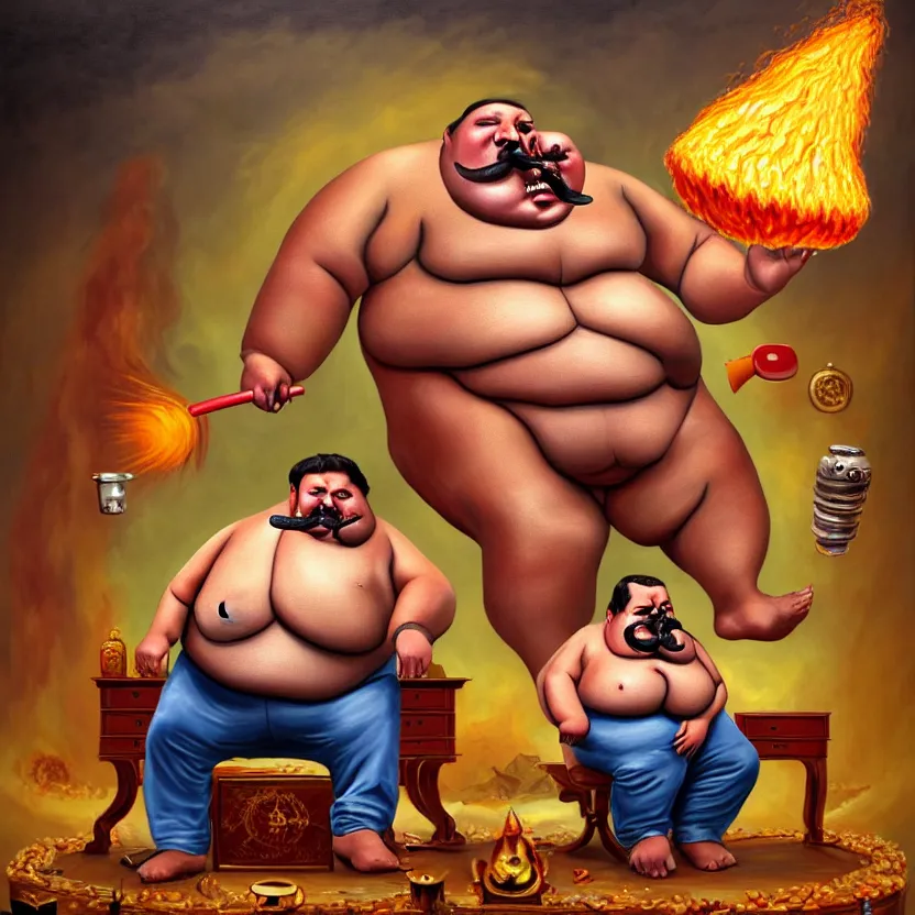 Image similar to painting of a very fat khatapa with a thick moustache eating the leg of a terrified man while sitting on a throne, in the background there is a nuclear explosion, cute, hilarious, disturbing, nightmare, highly detailed, funny, hahahaha, by david cronenberg, found on artstation, hyperrealistic digital art