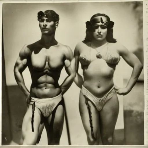 Image similar to muscular Amazonian women and smaller, frailer men, 1920s photography