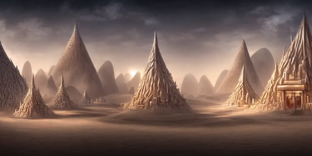 Prompt: a temple city surrounded by white sand desert dunes, matte oil painting, chrome cathedrals, retrofuturistic, concept art, science fantasy, mutant, rpg, epic, rust, salt, jungle, dungeons & dragons, sharp focus, award - winning, extremely detailed, 4 k, 8 k