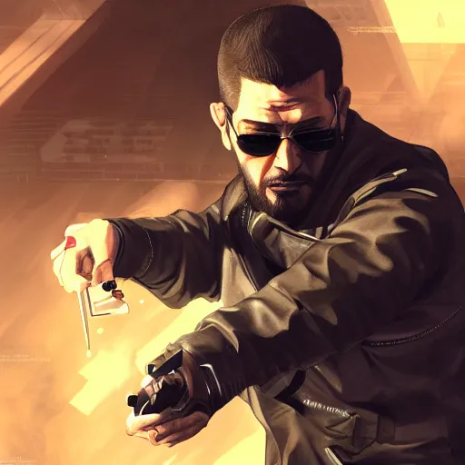 Image similar to Adam Jensen from Deus Ex as a GTA character, by Cedric Peyravernay, highly detailed, excellent composition, cinematic concept art, dramatic lighting, trending on ArtStation