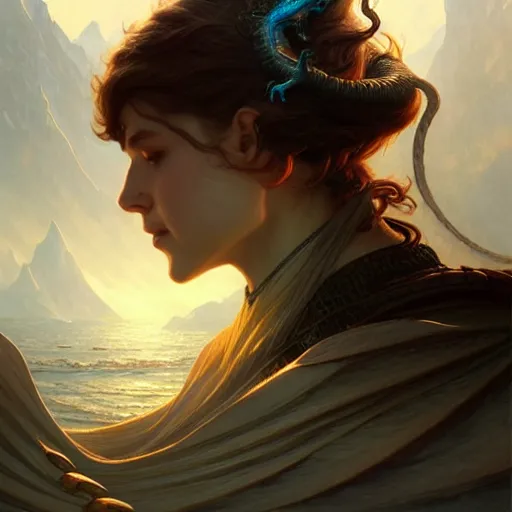 Prompt: portrait of a dragon watching the world underneath, mountains, d & d, fantasy, intricate, elegant, highly detailed, digital painting, artstation, concept art, smooth, sharp focus, illustration, art by artgerm and greg rutkowski and alphonse mucha