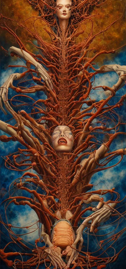 Image similar to a tall, fleshy anatomical figure with extra limbs, hovering in the air, zero gravity, neurons firing, rich colours, karol bak, mark brooks, hauntingly surreal, highly detailed painting by katsuhiro otomo, part by james jean, part by adrian ghenie, part by gerhard richter, soft light 4 k