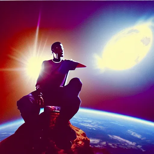 Prompt: Travis Scott sitting on a chair floating over Earth, 4k, Aubrey Powell, vintage photo, lens flare, beautiful cinematography, surreal, film grain