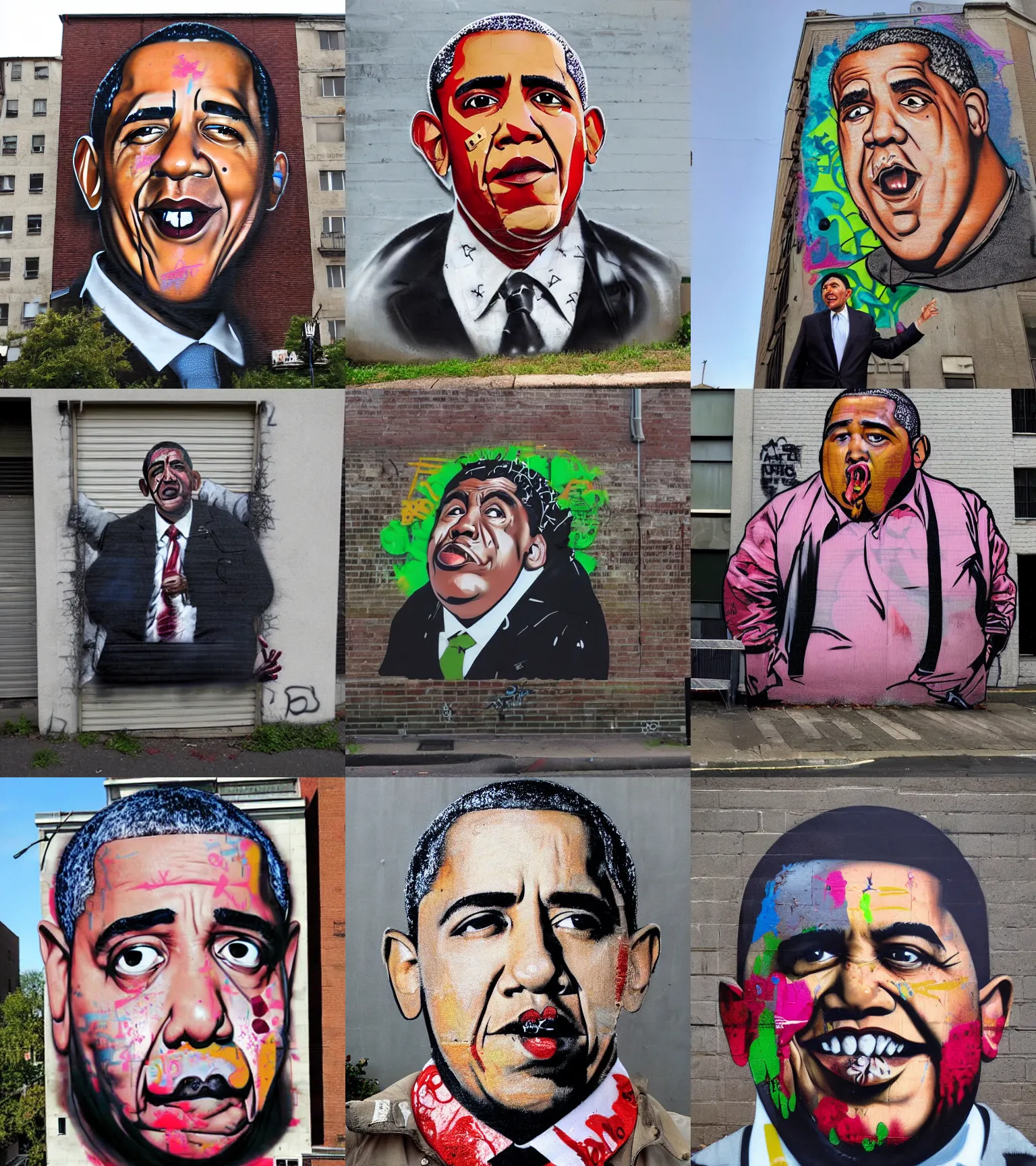Prompt: Urban Graffiti, Morbidly Obese Barack Obama, by Banksy Okamura and Bordalo, trending on Artstation