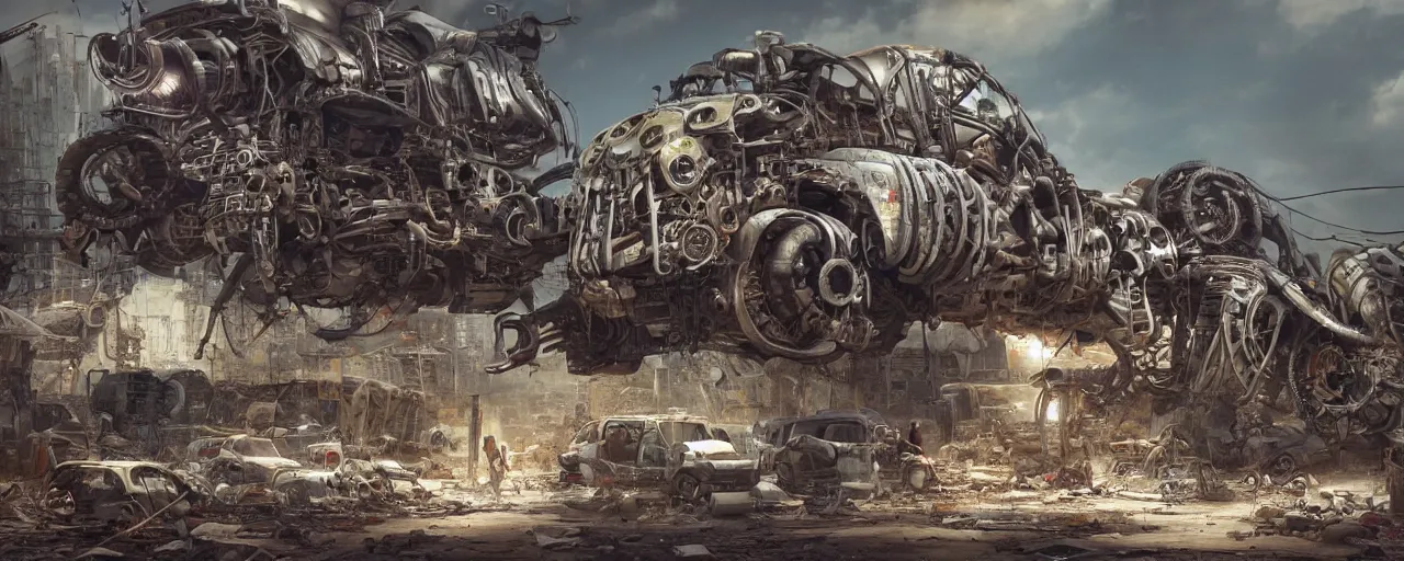 Image similar to an intricate concept art of a mechanical coming out to life in a junkyard, post - apocalyptic, hyper maximalist, matte painting, ultra detail, concept art, hyper realistic, cgsociety, hyper maximalist, artstation, deviantart, style by feng zhu and dylan cole, octane render, anime style