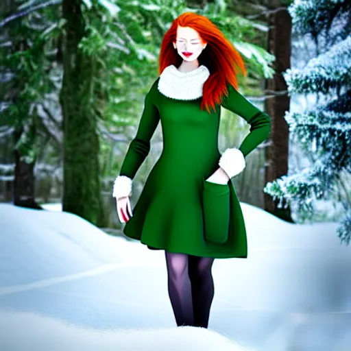 Prompt: redhead women in a green dress, with pockets, photorealistic, winter scenario