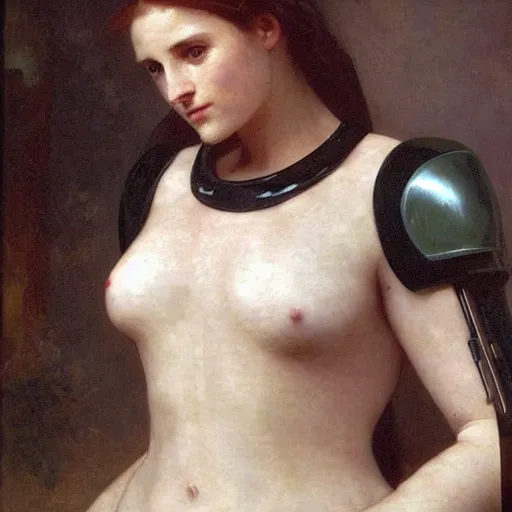 Image similar to painting of a fully - clothed cyberpunk android by william bouguereau, fully clothed in futuristic armor, safe for work, high resolution