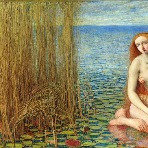 Image similar to ophelia under the river amongst the reeds, leonardo devinci, botticelli,, rosetti and monet, william holman hunt, 8 k