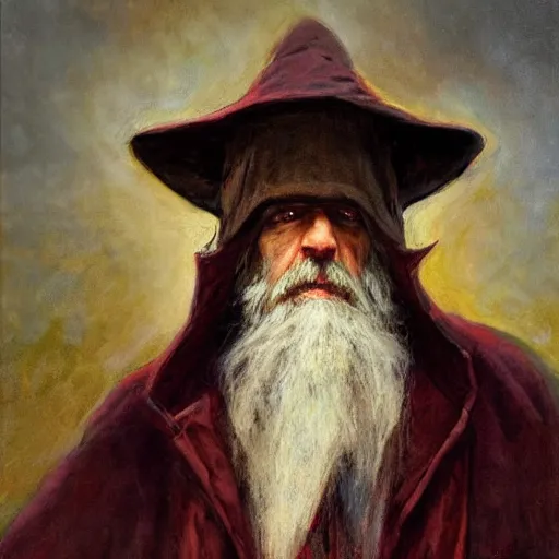 Image similar to Solomon Joseph Solomon and Richard Schmid and Jeremy Lipking victorian genre painting portrait painting of a old rugged actor wizard wearing a wizard hat and robe from the hobbit , red background