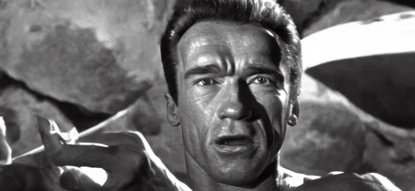 Image similar to film still of arnold schwarzenegger in the pit and the pendulum ( 1 9 6 1 ), pathecolor, 4 0 mm panavision wide - angle lens