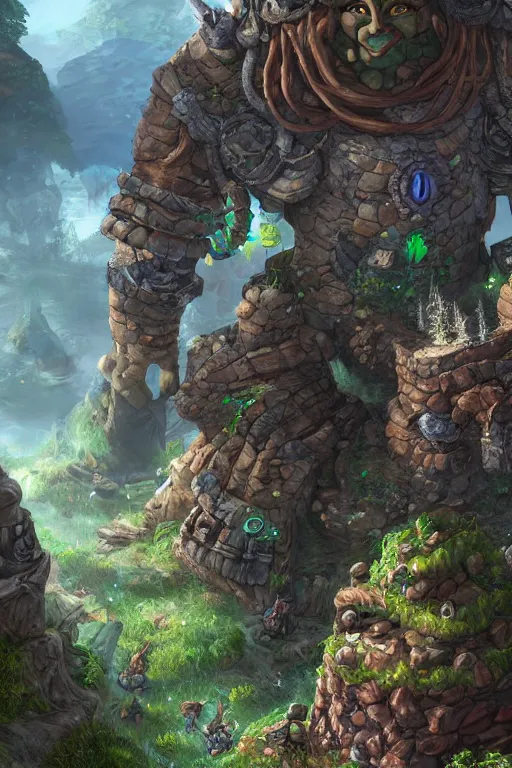 Image similar to zelda fantasy art giant golem troll wood rock greeble gemstone, global illumination ray tracing hdr fanart arstation by sung choi and eric pfeiffer and gabriel garza and casper konefal