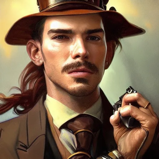 Prompt: vintage portrait of a western steampunk male holding a gun, highly detailed, digital painting, art by Stanley Lau and Artgerm and magali villeneuve and Alphonse Mucha, artstation, octane render, cgsociety