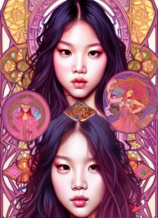 Image similar to jennie manoban of blackpink, tarot card, highly detailed, digital painting, smooth, sharp focus, illustration, ultra realistic, 8 k, art by artgerm and alphonse mucha