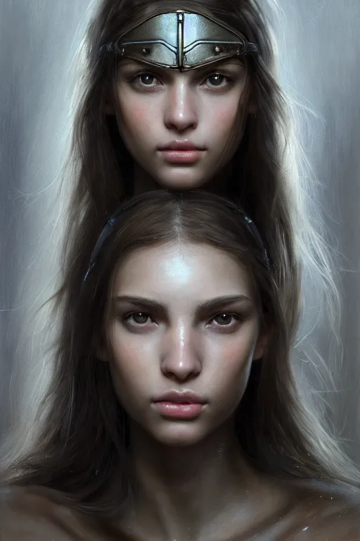 Prompt: a photorealistically painted portrait of an attractive young girl, partially clothed in dull metal-plated battle armor, olive skin, long dark hair, beautiful bone structure, symmetric facial features, perfect eyes, natural physique, intricate, elegant, digital painting, concept art, finely detailed, beautifully illustrated, sharp focus, minimal artifacts, from Metal Gear, by Ruan Jia and Mandy Jurgens and Artgerm and William-Adolphe Bouguerea, in the style of Greg Rutkowski, trending on Artstation, award winning