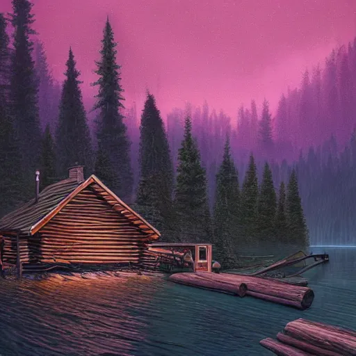 Prompt: a log cabin by water voidscape by simon stalenhag and ansel adams, digital art